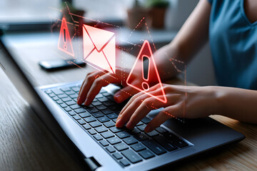 Woman Typing on Laptop, Email Security Alert, Red Warning, Urgent, Digital Threat, Cybersecurity Concept