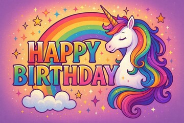 Magical Unicorn Surprise with Rainbow and Happy Birthday Typography