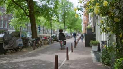Blurred cyclist rides through tree-lined street in amsterdam, netherlands with bokeh effect highlighting vibrant city life and urban greenery in spring.