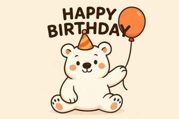 Cute Polar Bear Celebrating Birthday with Balloons and Cake