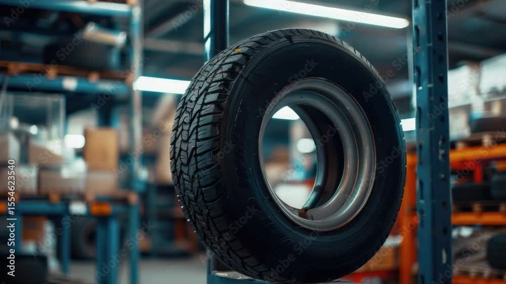 Poster a tire is stored on a rack in a warehouse, waiting for use or disposal