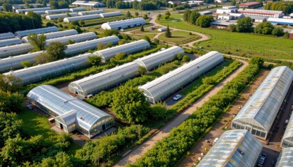 Aerial View of Numerous Greenhouses in a Rural Agricultural Area