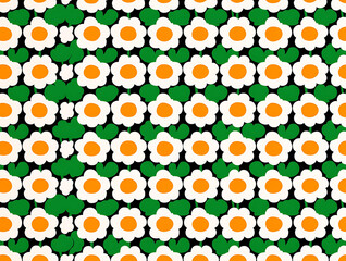 Vivid Retro Floral Pattern with Orange, White, and Green Abstract Flowers: A Whimsical Textile Print in Modern Botanical Design for Decorative Wallpaper and Seamless Repeat Motif