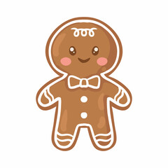 Cute gingerbread man in a bow tie. Vector illustration.