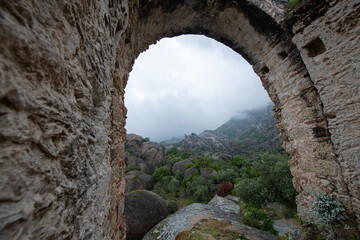 Historical places on the magnificent Latmos trekking route. Latmos Carian road,
Yediler Monastery and Castle. Historical ruins on the Latmos Carian road.Muğla, Turkey.
