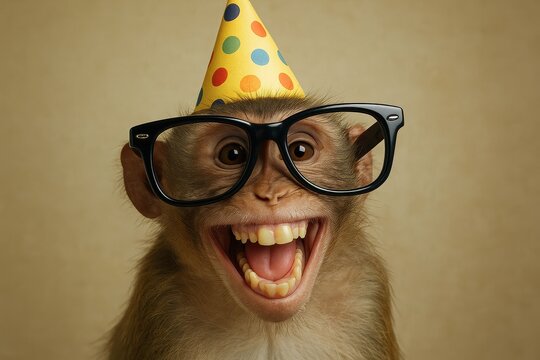 Silly Monkey with Party Hat Celebrating Birthday with Big Smile