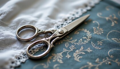 Silver Scissors on Blue and White Fabric with Lace Detail