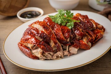 Roasted duck on ceramic plate with sauce, asian food	
