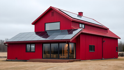 Bright red barn with solar panels modern architecture