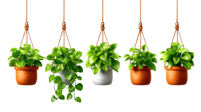Hanging Plants Display: A captivating display of vibrant hanging plants, each cradled in its own pot, suspended delicately to create a harmonious blend of nature and design.