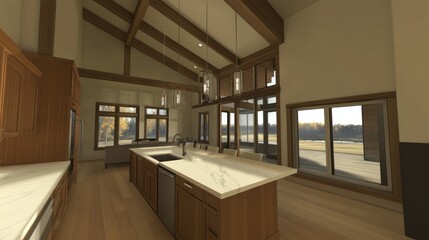 Fototapeta premium Modern kitchen design with large windows overlooking a landscape.