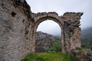 Historical places on the magnificent Latmos trekking route. Latmos Carian road,
Yediler Monastery and Castle. Historical ruins on the Latmos Carian road.Muğla, Turkey.
