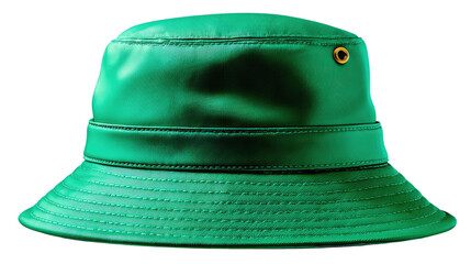 Fototapeta premium Green Bucket Hat: Eye-level studio shot of a trendy, vibrant green bucket hat with stitching detail and a bronze eyelet, epitomizing casual fashion.