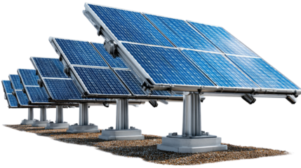 Solar Panel Array: Rows of solar panels angled towards the sun, capturing clean energy.  A symbol of sustainable technology and renewable resources.