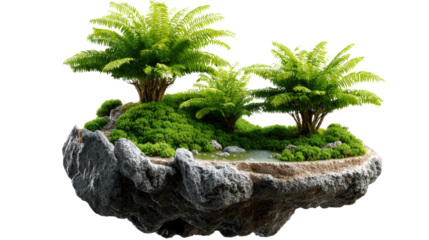 Floating Island Paradise: Lush green ferns thrive on a miniature floating island, creating a tranquil and enchanting scene of vibrant nature.