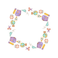 Square school frame with supplies and flying planes