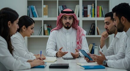 Arab businessman leads a diverse team in a productive brainstorming session.