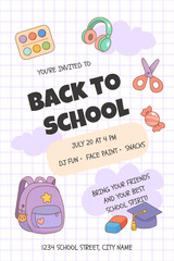 School party invitation with backpack and graduation cap