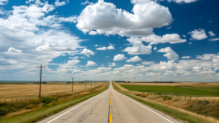 A deserted road runs through a landscape, with soft clouds floating in the blue sky above
