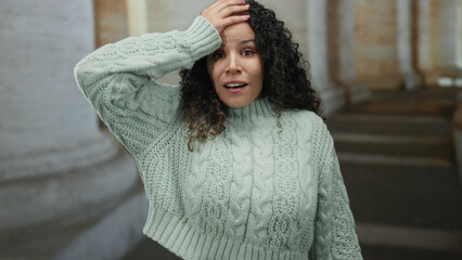 Woman expresses surprise indoors at church, wearing a knit sweater, with hispanic features,...
