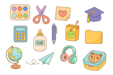 Cute school icon set with lunchbox and supplies