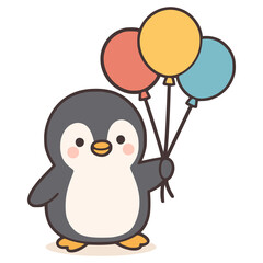penguin holding balloons party celebration flat color vector illustration template design