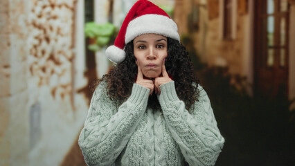 Young woman with santa hat and curly hair making a puffy face outside on a festive street in a cozy...