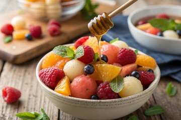 Fresh summer berry fruit salad in a white bowl with strawberries, blueberries, and raspberries, a delicious and healthy breakfast or dessert
