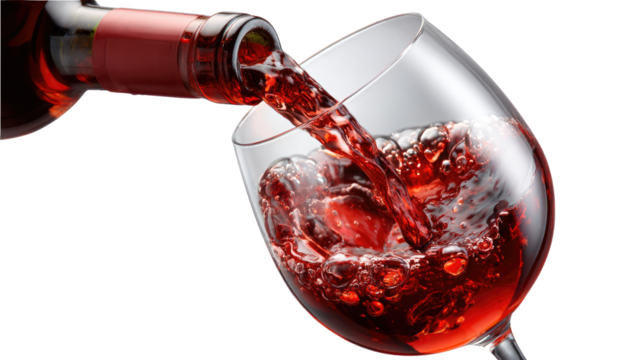 Elegance in a Pour: A close-up shot captures the artful moment of red wine gracefully cascading from a bottle into a crystal-clear wineglass.