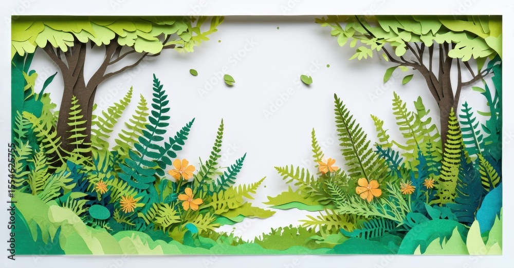 Poster papercraft forest scene. lush greenery, ferns, trees create layered depth. bright colors, simple sha