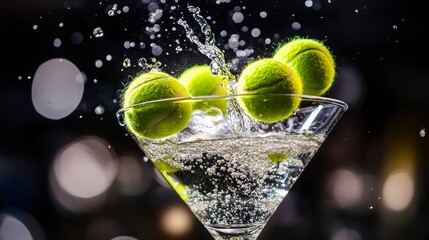 Tennis balls splashing in a martini glass.