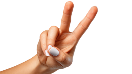 Victory Hand Gesture: A close-up shot of a woman's hand forming the victory sign, fingers extended in a "V" shape, against a white background. The image conveys a sense of triumph and optimism.