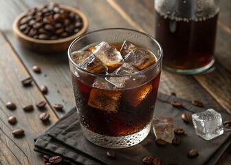 Cold cola beverage in a glass with ice cubes isolated on white