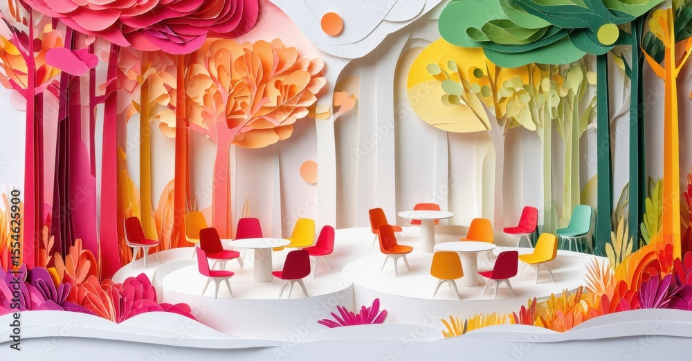 Poster papercraft forest scene. tables, chairs nestled among colorful trees. whimsical design, layered text