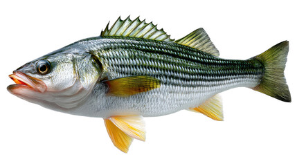 Fototapeta premium Striped Bass in Focus: A detailed study of a striped bass, showcasing its intricate scale patterns and dorsal fin structure in a clean, vibrant, and detailed shot.