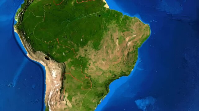 Detailed continent of South America from space featuring diverse geography and surrounding ocean, showcasing land borders.
