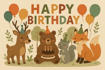 Woodland Animals Celebrating Birthday with Cake and Balloons