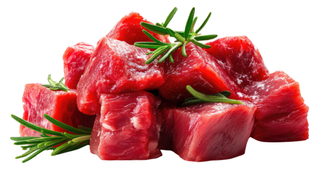 Beef Stew Cubes with Rosemary: A delectable pile of rich, red beef stew cubes, seasoned with fresh rosemary sprigs, ready for a hearty and flavorful meal.