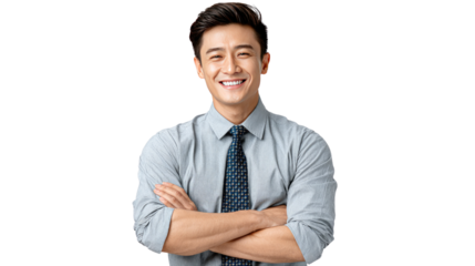 Confident Professional: A self-assured professional radiates a warm smile, arms folded with a sense of mastery and confidence in his tailored attire.