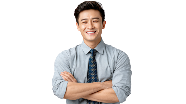 Confident Professional: A self-assured professional radiates a warm smile, arms folded with a sense of mastery and confidence in his tailored attire.