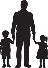 Silhouette of Father with Two Kids in Black and White Family Love Art for Minimalist Bonding Design and Happy Parent-Child Moment