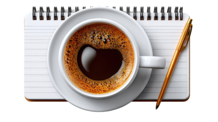 Morning Inspiration: A top-down perspective captures a cup of rich, aromatic coffee sitting on a saucer beside a notepad with a pen. a simple setting