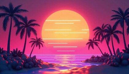 Retro sunset over a tropical island paradise.