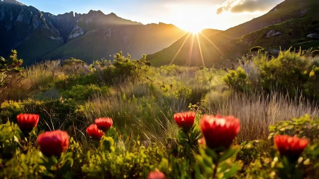 Tranquil mountain landscape with vibrant red protea flowers at golden hour, featuring sun rays piercing through the peaks, creating a warm and inviting atmosphere.