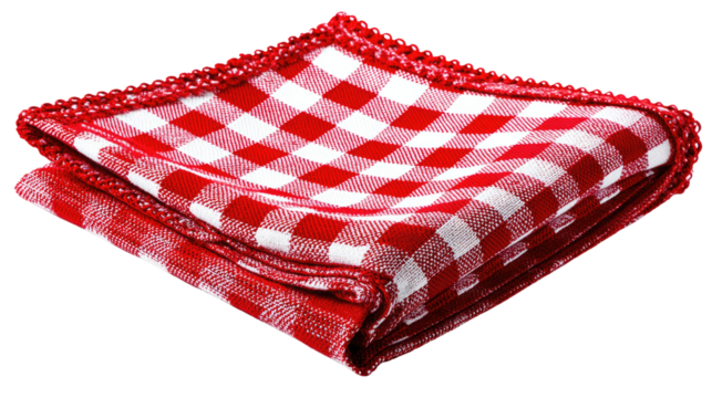 Checkerboard Cloth Napkin: A crisp, folded cloth napkin with a vibrant red and white checkerboard pattern. The image captures the classic look and texture of this essential dining item.