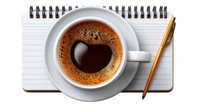 Morning Inspiration: A top-down perspective captures a cup of rich, aromatic coffee sitting on a saucer beside a notepad with a pen. a simple setting