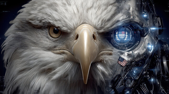 Symbolic cyber takeover depicts US eagle AI interface overpowering dragon and bear enemy AIs with digital resistance sparks