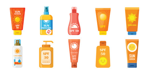 Sunscreen cream icon set collection in flat style. Skin protection vector illustration on isolated background. Skincare pharmacy sign business concept.