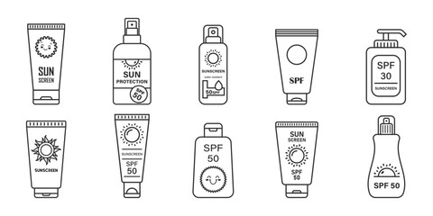 Sunscreen cream icon set collection in flat style. Skin protection vector illustration on isolated background. Skincare pharmacy sign business concept.