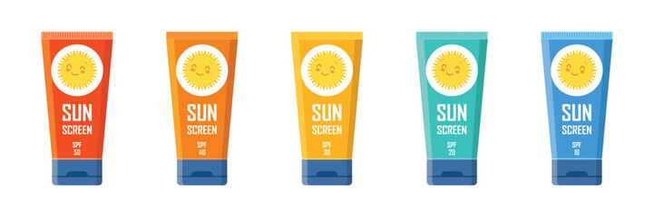 Sunscreen cream icon set collection in flat style. Skin protection vector illustration on isolated background. Skincare pharmacy sign business concept.